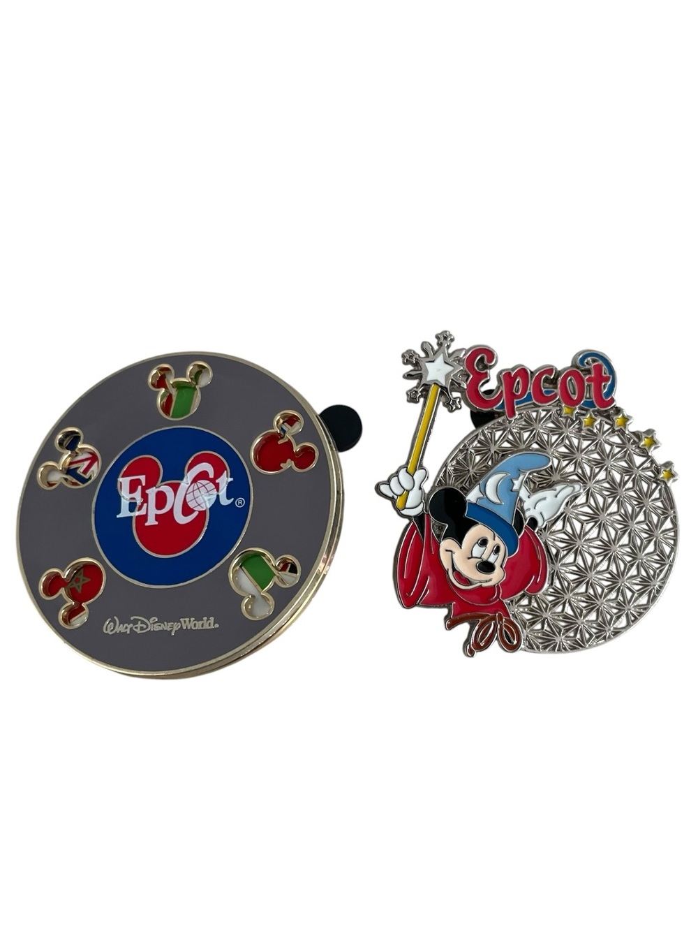 Disney Pins Set of 2 Epcot Ball World Flags Spinner Fantasia Mickey Ears Spinner